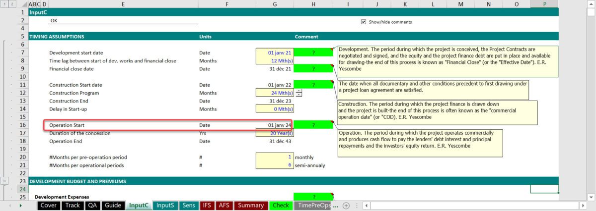 How to reflect and use this date in the model? It should be reflected in the timing assumptions and linked to calculation of operation flag and counters. 