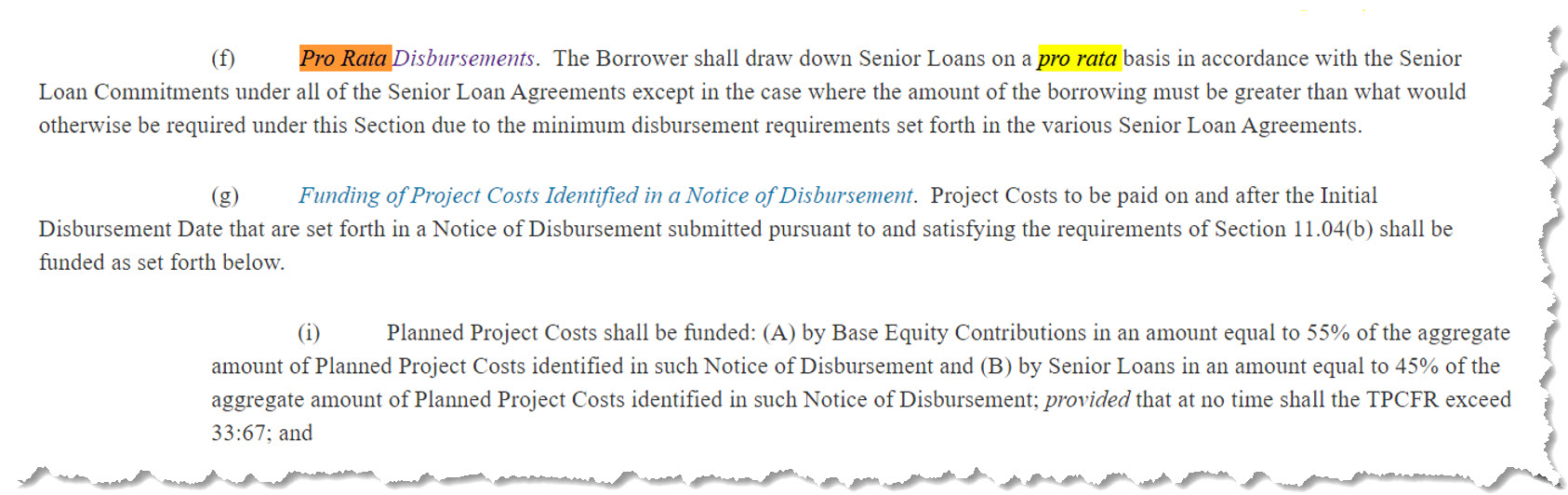 Timing of equity injections Project finance 